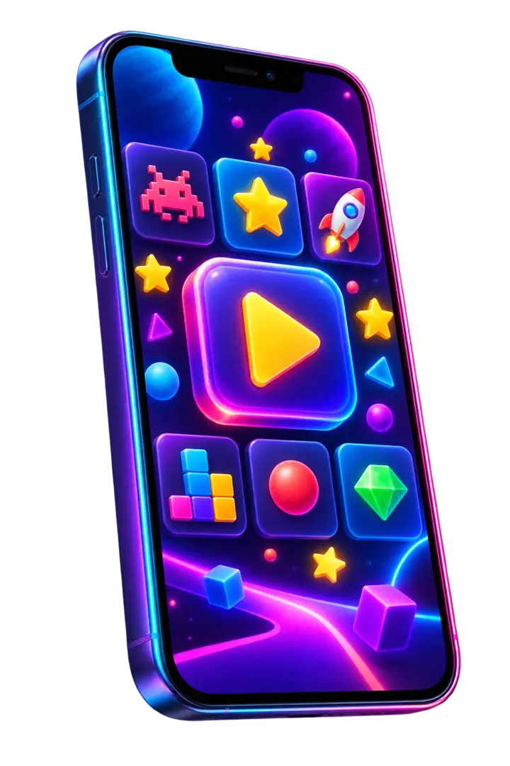 Smartphone displaying colorful arcade game icons